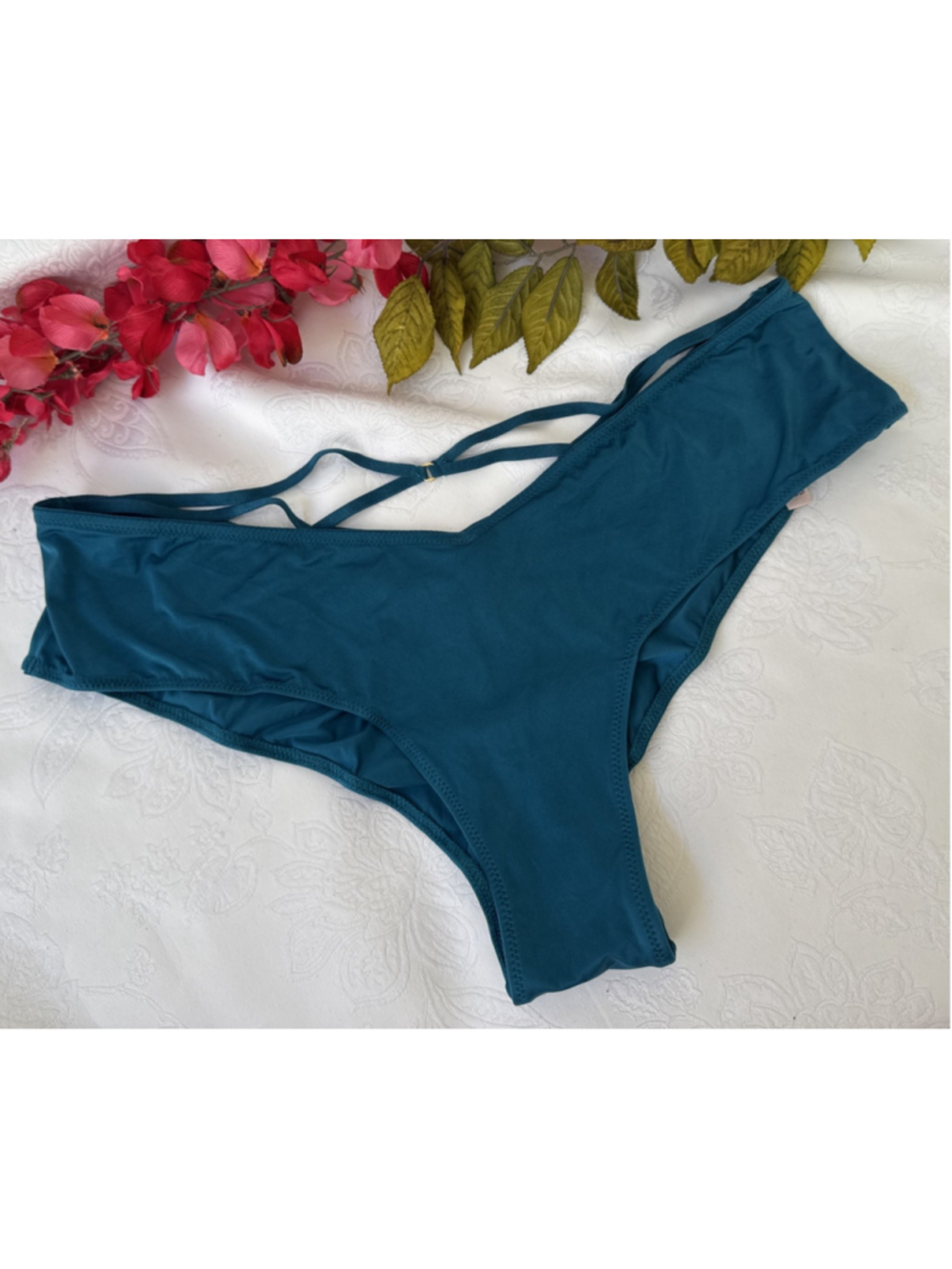 VICTORIA'S SECRET L SILKY BLUE STRAPPY CUT OUT BACK HIGH LEG CHEEKY PANTIES NWT